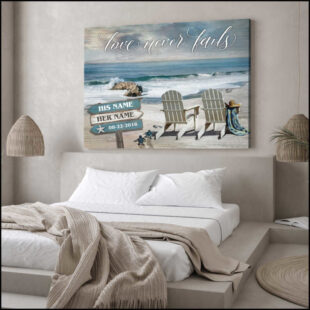 Personalized Canvas Wall Art Home Decor Anniversary Wedding Gift Love never fails Couple Turtles and Beach CA215